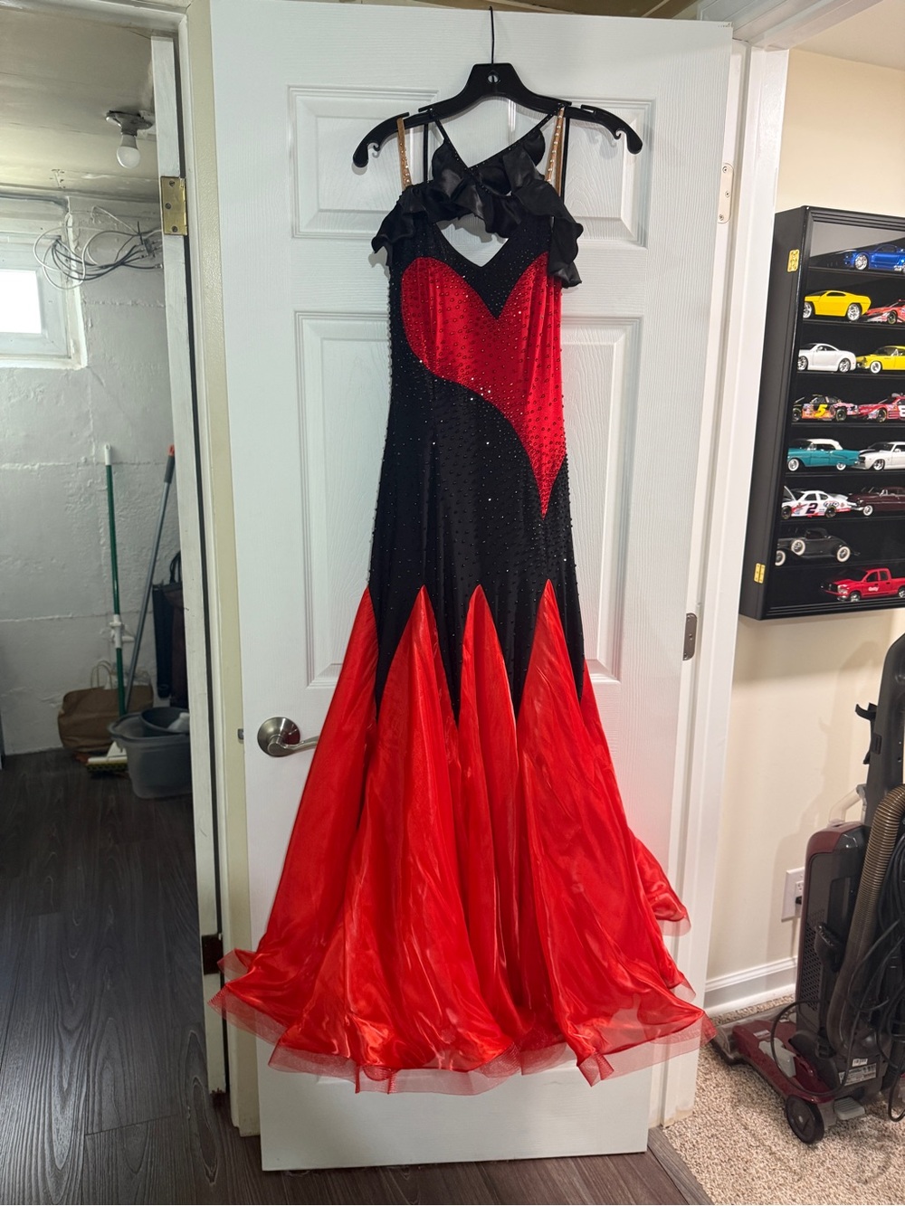 Red and Black Ballroom Evening Dress with Beaded Detail
